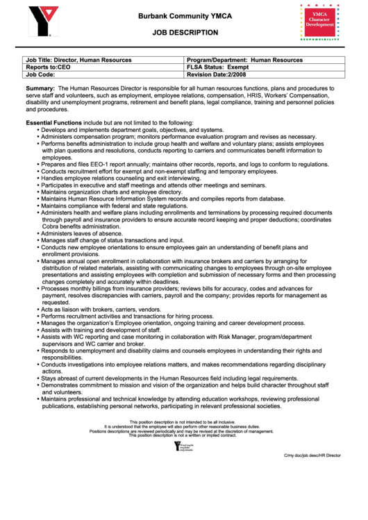 Director, Human Resources Job Description Printable pdf