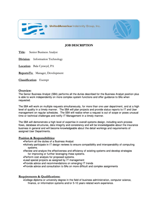 Job Description - Senior Business Analyst Printable pdf