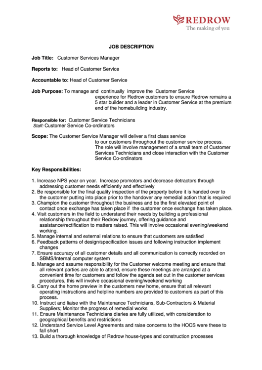 Customer Services Manager Job Description Printable pdf