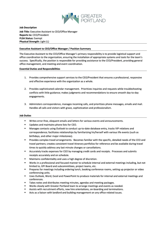 Job Description - Executive Assistant To Ceo/office Manager Printable pdf