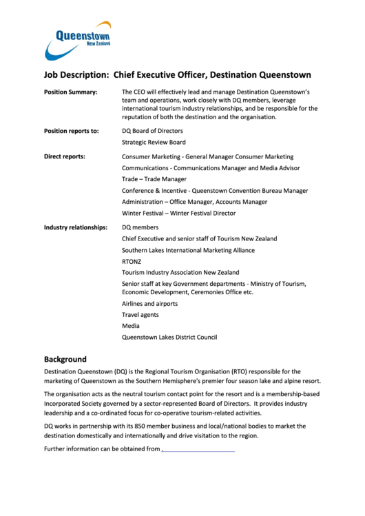 Job Description: Chief Executive Officer, Destination Queenstown Printable pdf