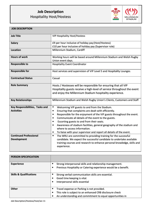 Job Description Hospitality Host/hostess Printable pdf