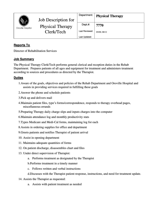 Job Description For Physical Therapy Clerk/tech Printable pdf