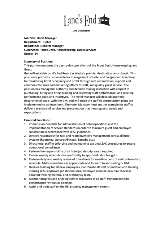 Hotel Manager Job Description Printable pdf