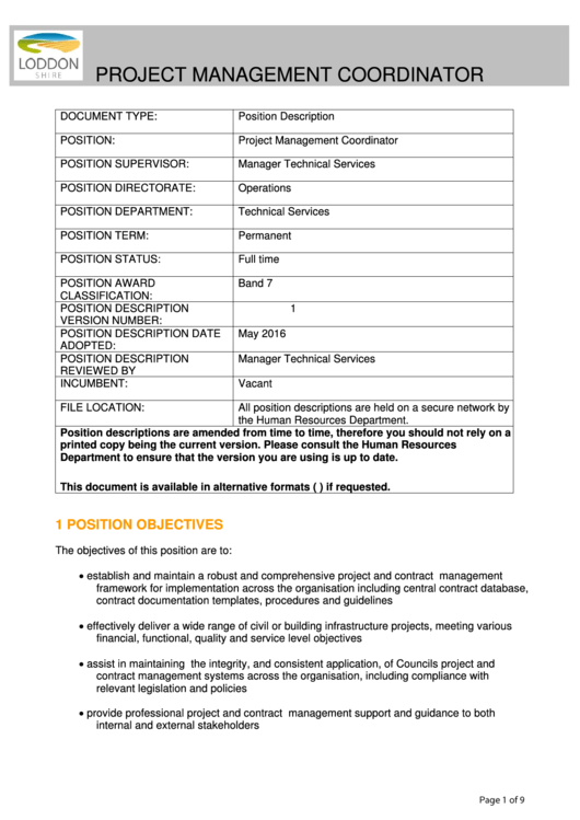 Project Management Coordinator Job Description Printable pdf