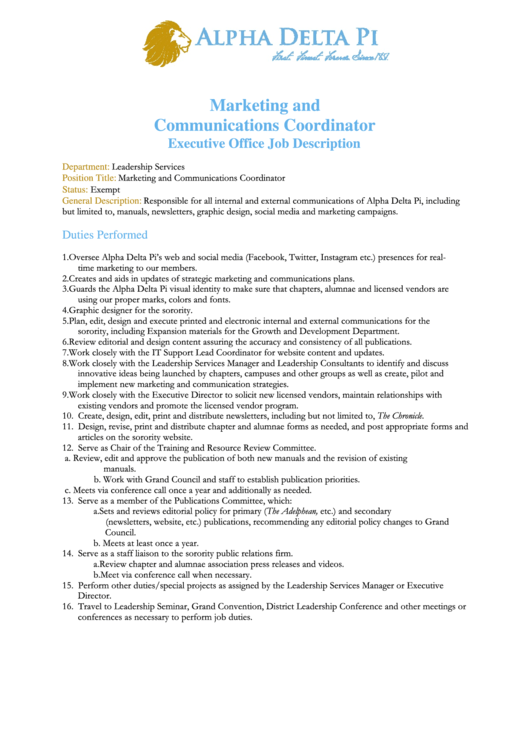 Marketing And Communications Coordinator Executive Office Job Description Printable pdf
