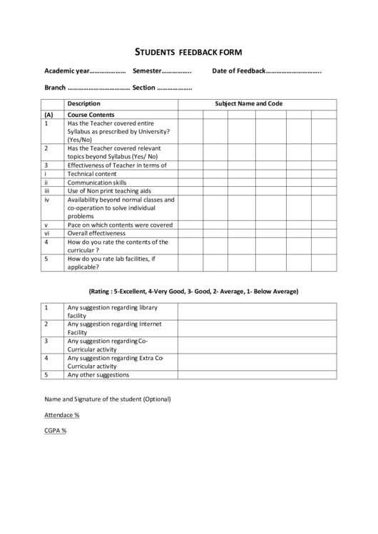 Students Feedback Form Printable pdf