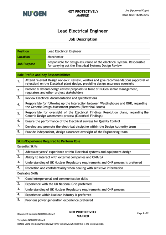 Lead Electrical Engineer Job Description Printable pdf