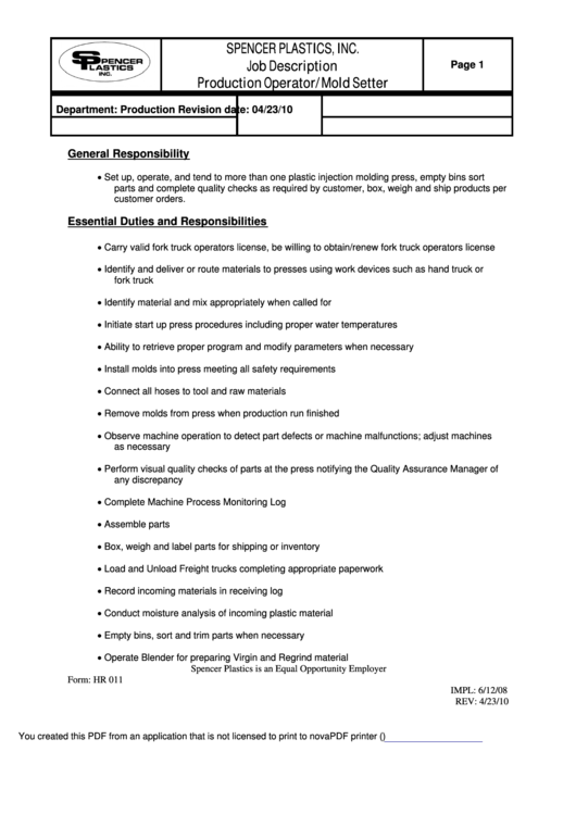 Production Operator/mold Setter Job Description printable pdf download