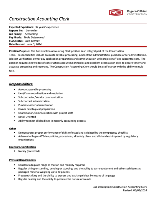Construction Acounting Clerk Job Description Printable pdf