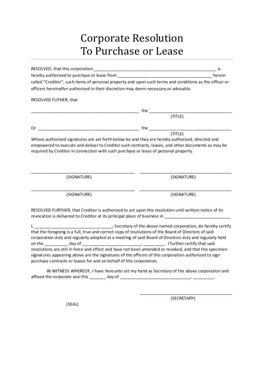 Corporate Resolution To Purchase Or Lease Printable pdf