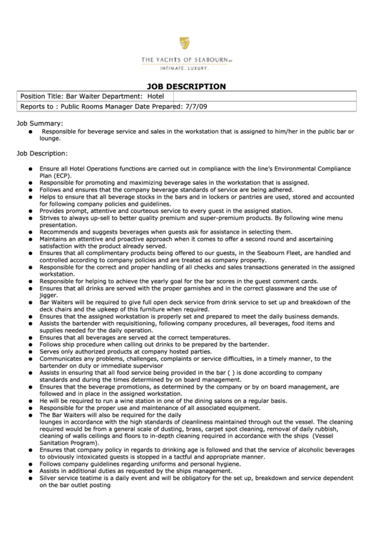 Bar Waiter Job Description Printable pdf