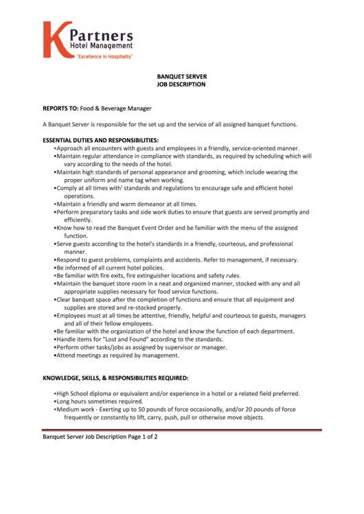 Banquet Server Job Description Printable Pdf Download   Page 1 Thumb Big 