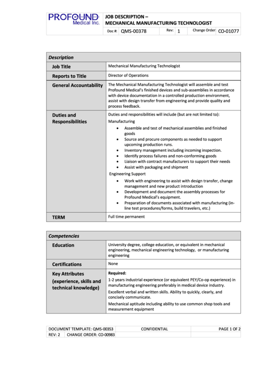 Job Description - Mechanical Manufacturing Technologist Printable pdf