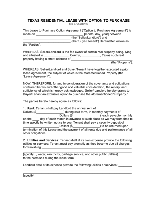 Texas Residential Lease With Option To Purchase Form