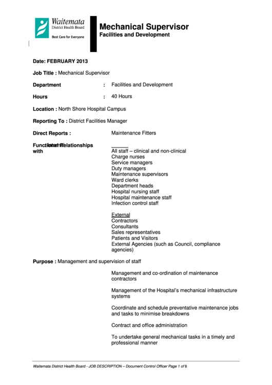 Job Description - Mechanical Supervisor Printable pdf