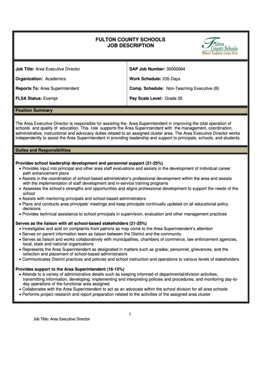 Area Executive Director Job Description Printable pdf