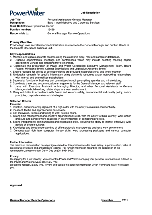 Personal Assistant To General Manager Job Description Printable pdf