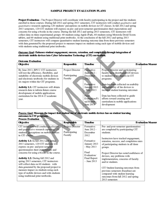 Sample Project Evaluation Plan Template Printable pdf