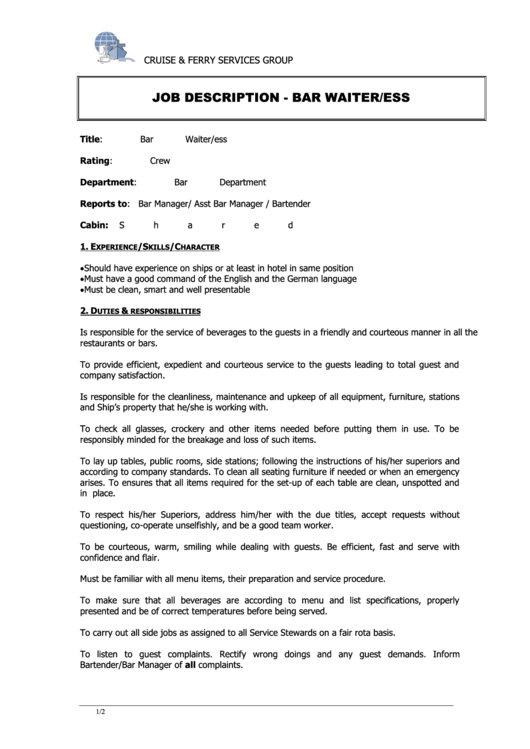 Job Description - Bar Waiter/ess Printable pdf