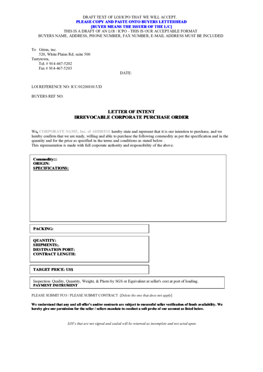 Letter Of Intent Irrevocable Corporate Purchase Order Printable pdf