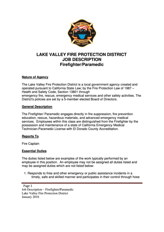 Lake Valley Fire Protection District Job Description Firefighter/paramedic Printable pdf