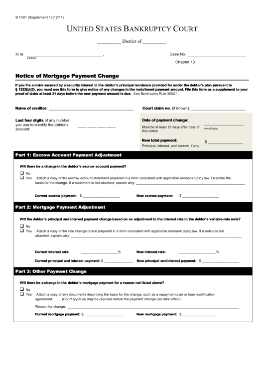 Fillable Form B 10s1 - Notice Of Mortgage Payment Change Printable pdf
