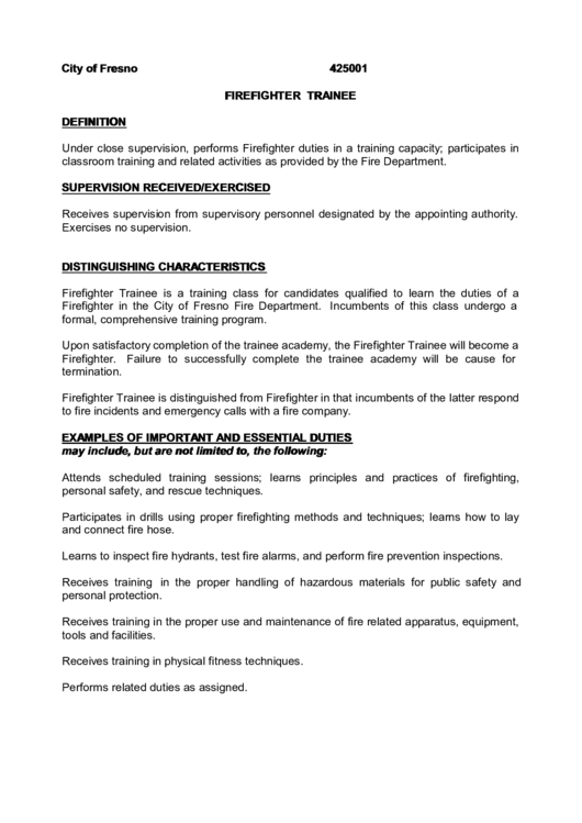 Job Description: Firefighter Trainee Printable pdf