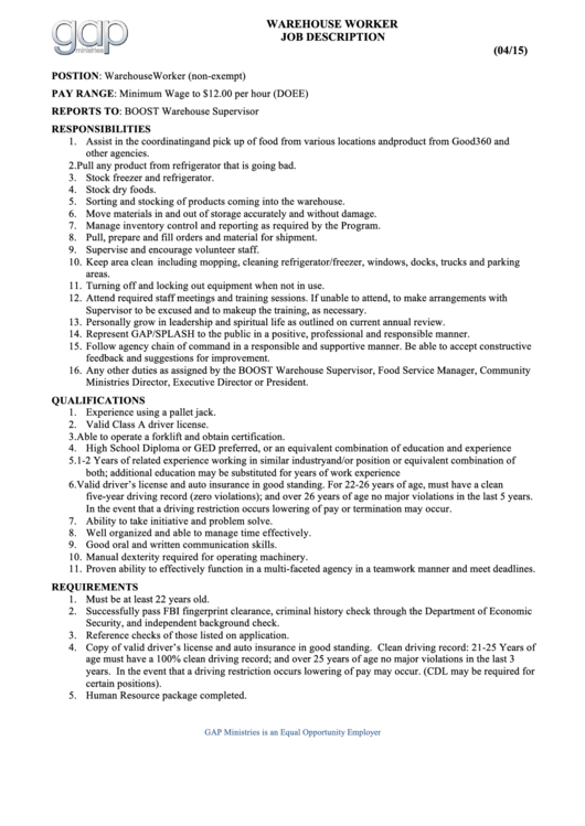 Warehouse Worker Job Description Printable pdf