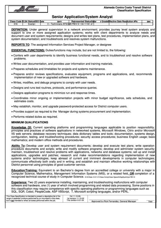 Job Description - Senior Application/system Analyst Printable pdf