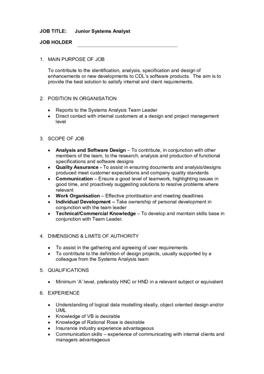 Junior Systems Analyst Job Description Printable pdf