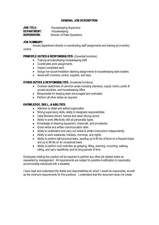 General Job Description: Housekeeping Supervisor Printable pdf