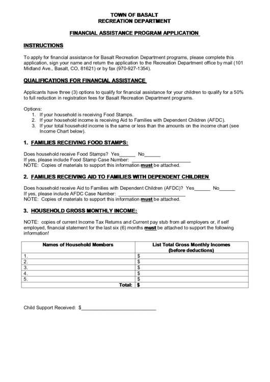 Financial Assistance Program Application Form - Town Of Basalt Recreation Department