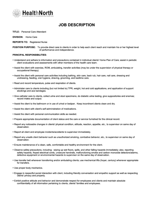Job Description - Personal Care Attendant Printable pdf