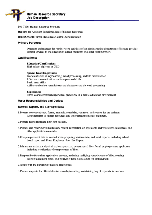 Human Resource Secretary - Job Description Printable pdf