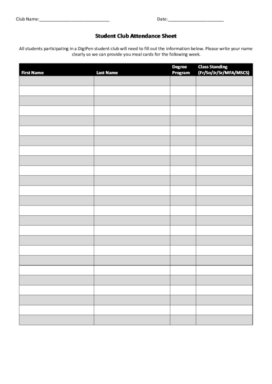 Student Club Attendance Sheet Printable pdf