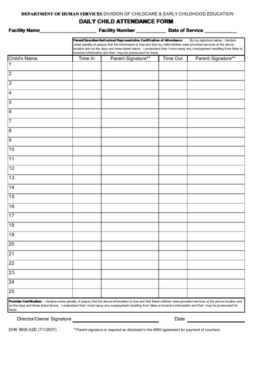 Daily Child Attendance Form Printable pdf