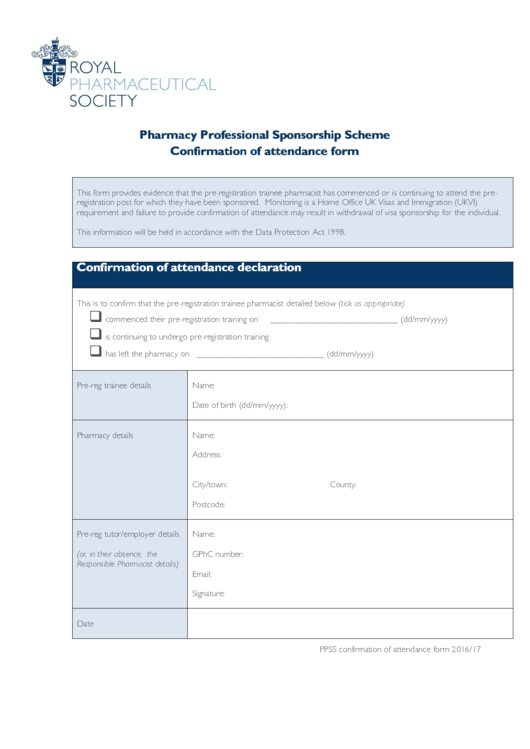 Pharmacy Professional Sponsorship Scheme Confirmation Of Attendance Form Printable pdf