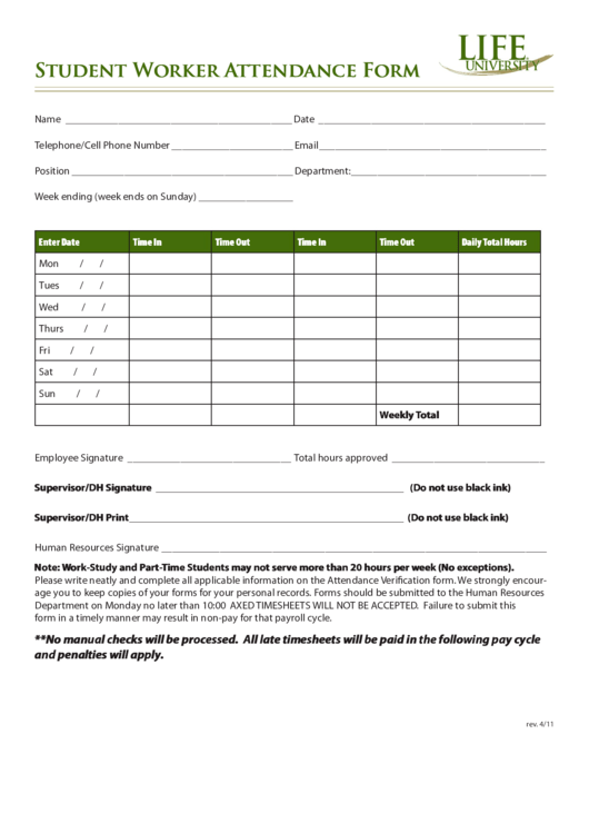 Student Worker Attendance Form Printable pdf
