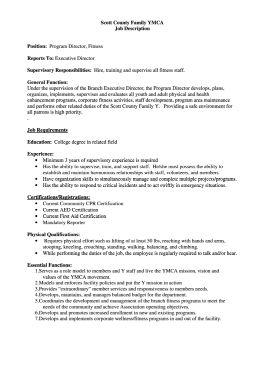 Program Director, Fitness Job Description Printable pdf