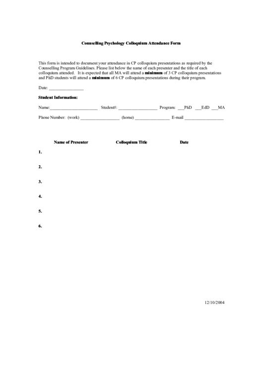 Counselling Psychology Colloquium Attendance Form Printable pdf