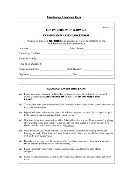 Examination Attendance Form Printable pdf