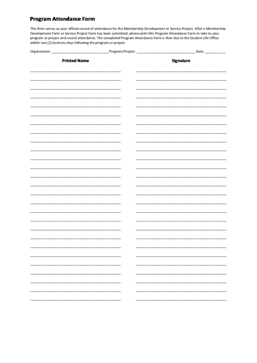 Program Attendance Form Printable pdf