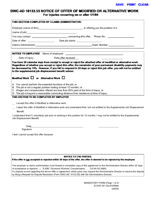 Fillable Form Dwc-Ad 10133.53 - Notice Of Offer Of Modified Or Alternative Work Printable pdf
