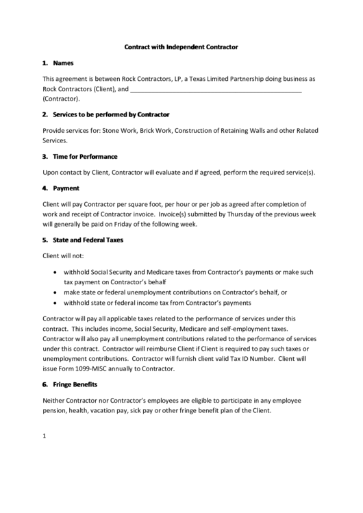 Contract With Independent Contractor Printable pdf