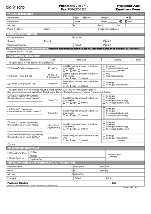 Hyaluronic Acid Enrollment Form Printable pdf