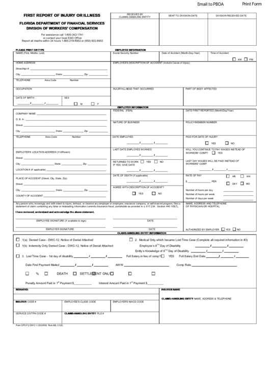 Fillable Form Dfs-F2-Dwc-1 - First Report Of Injury Or Illness - 2009 Printable pdf