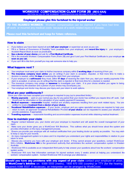 Workers Compensation Claim Form 2b (Reg 6aa) Printable pdf