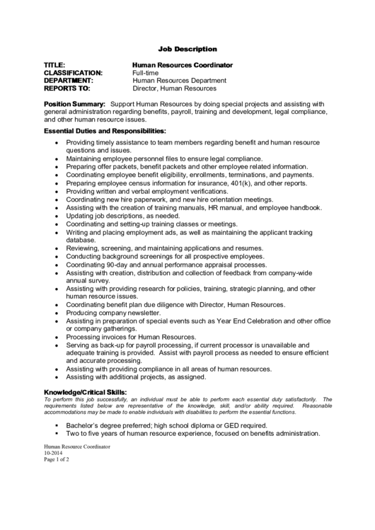 Job Description Human Resources Coordinator Printable pdf