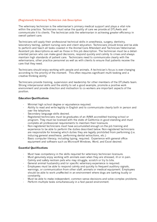 Veterinary Technician Job Description Printable Pdf Download